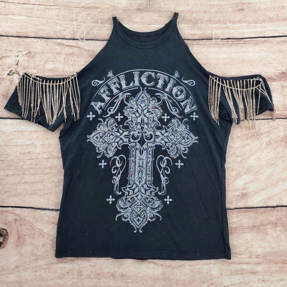 Affliction Women's Versailles XL Black Rhinestone Fringe Cold Shoulder Shirt
